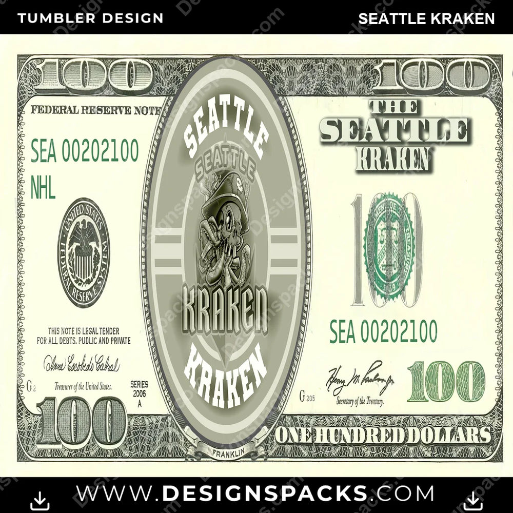 Ice Hockey 100 Dollar Bill Seattle Kraken NHL Hockey Tumbler Digital Wrap Design Download