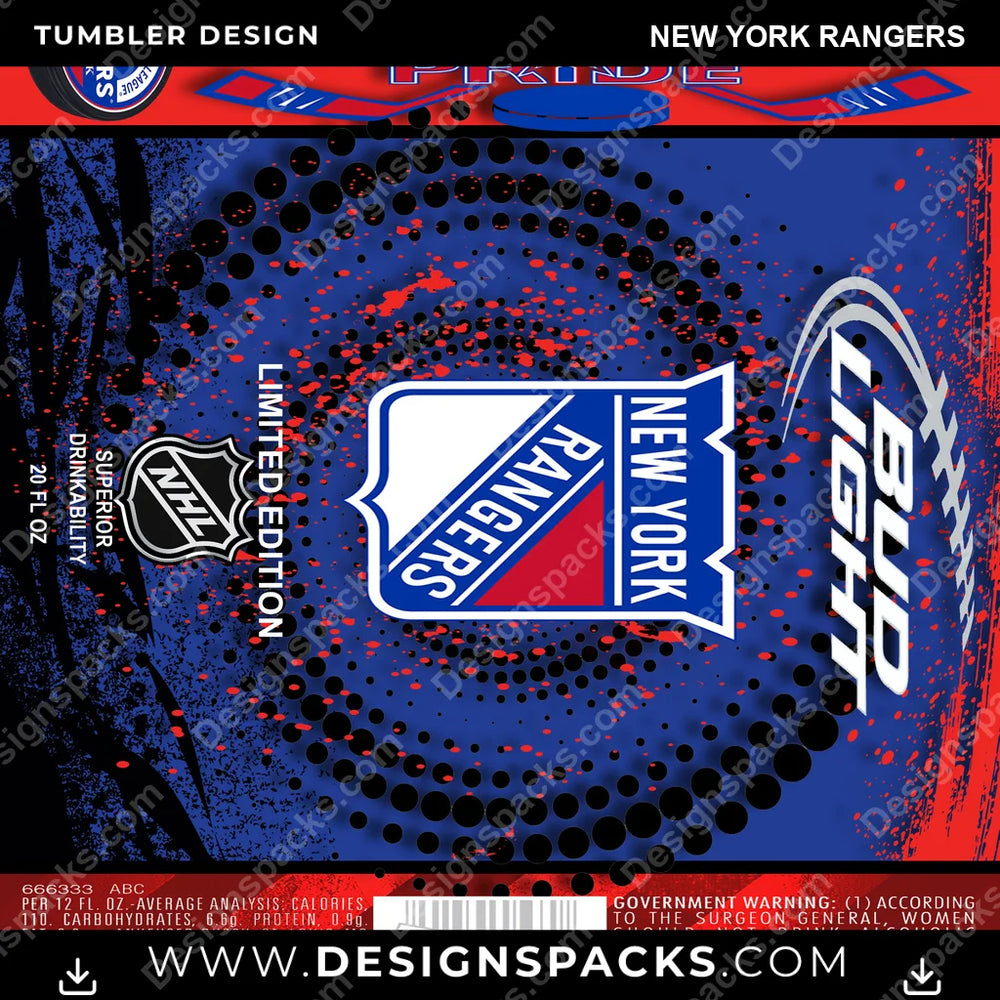 Ice Hockey Bud New York Rangers NHL Hockey Tumbler Digital Wrap Design Download