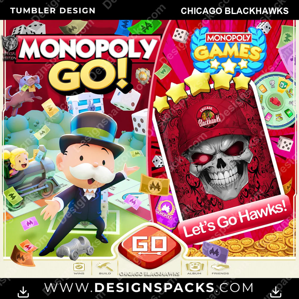 Ice Hockey Monopoly Go! Chicago Blackhawks NHL Hockey Tumbler Digital Wrap Design Download
