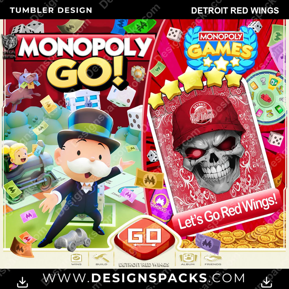 Ice Hockey Monopoly Go! Detroit Red Wings NHL Hockey Tumbler Digital Wrap Design Download