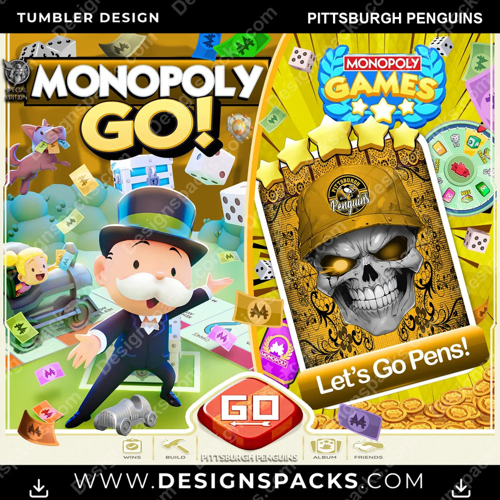 Ice Hockey Monopoly Go! Pittsburgh Penguins NHL Hockey Tumbler Digital Wrap Design Download