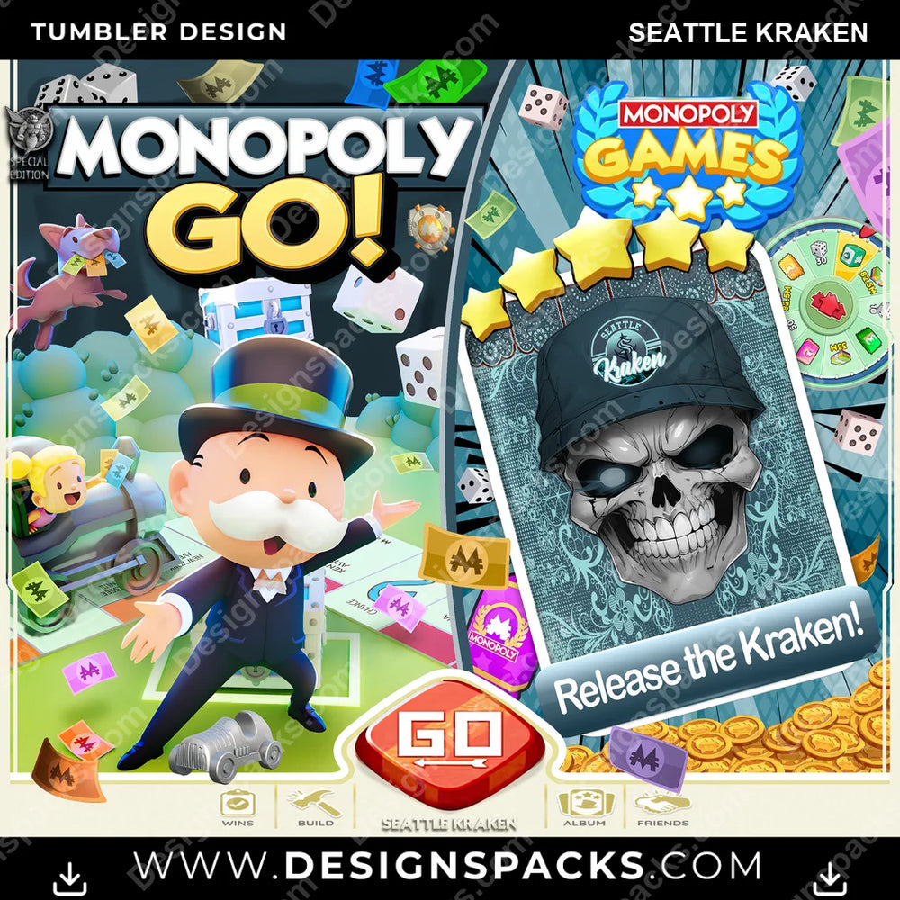 Ice Hockey Monopoly Go! Seattle Kraken NHL Hockey Tumbler Digital Wrap Design Download