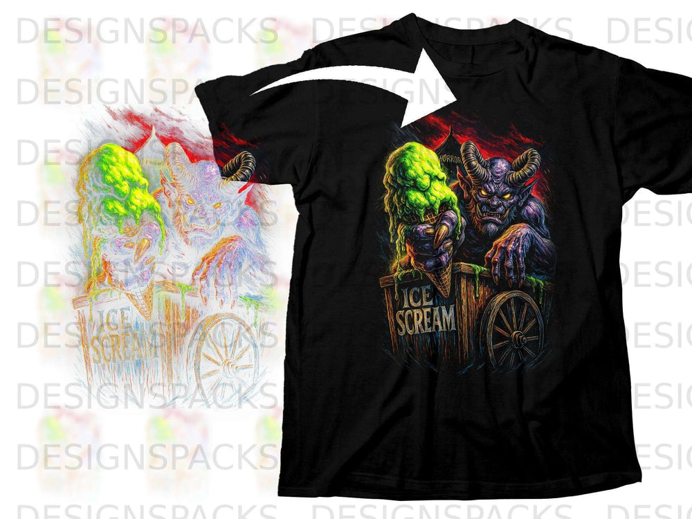 Black t-shirt with a graphic of a demon holding melting ice cream cones.
