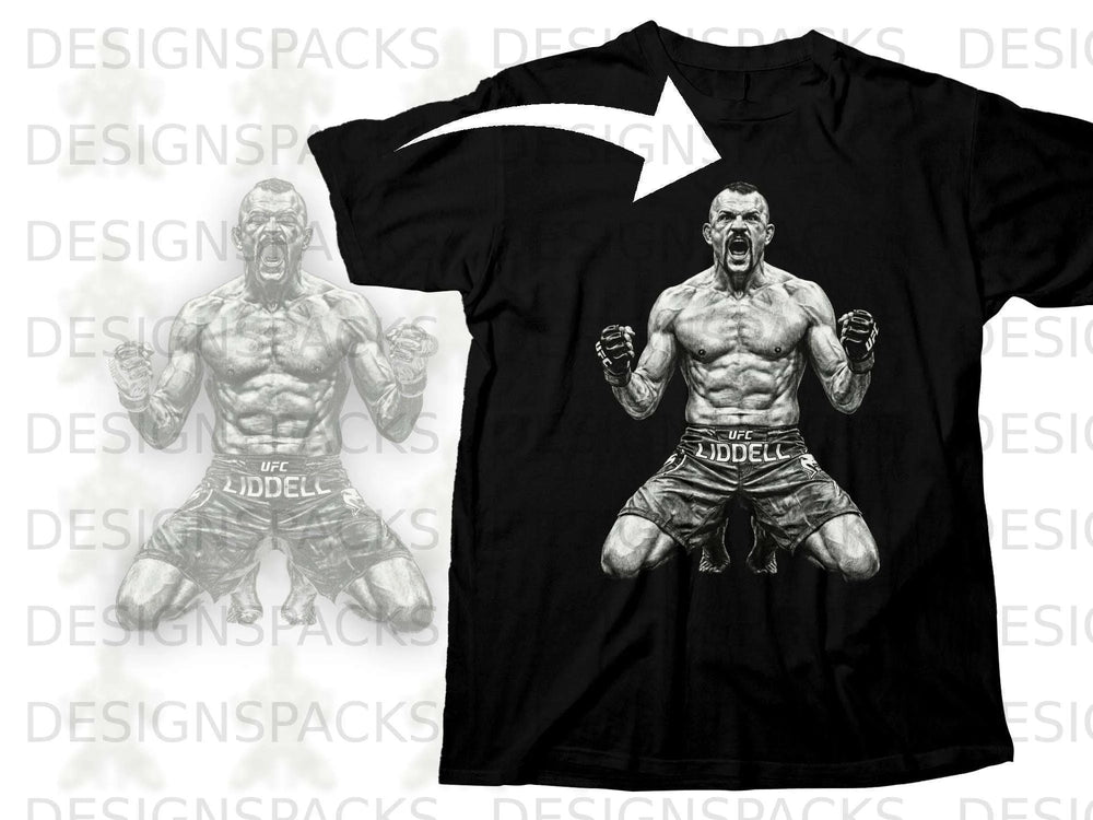 Black t-shirt featuring a drawing of fighter Chuck Liddell in shorts and gloves.