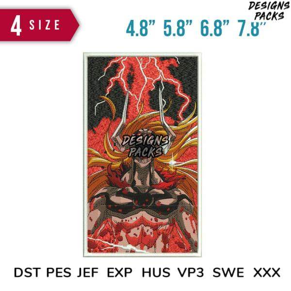 Embroidery design with fiery demon, lightning, red black colors, available in DST PES JEF formats, 4 sizes