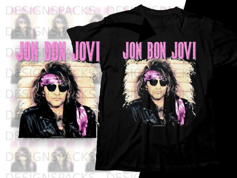 Jon Bon Jovi graphic tee with bandana and leather jacket.
