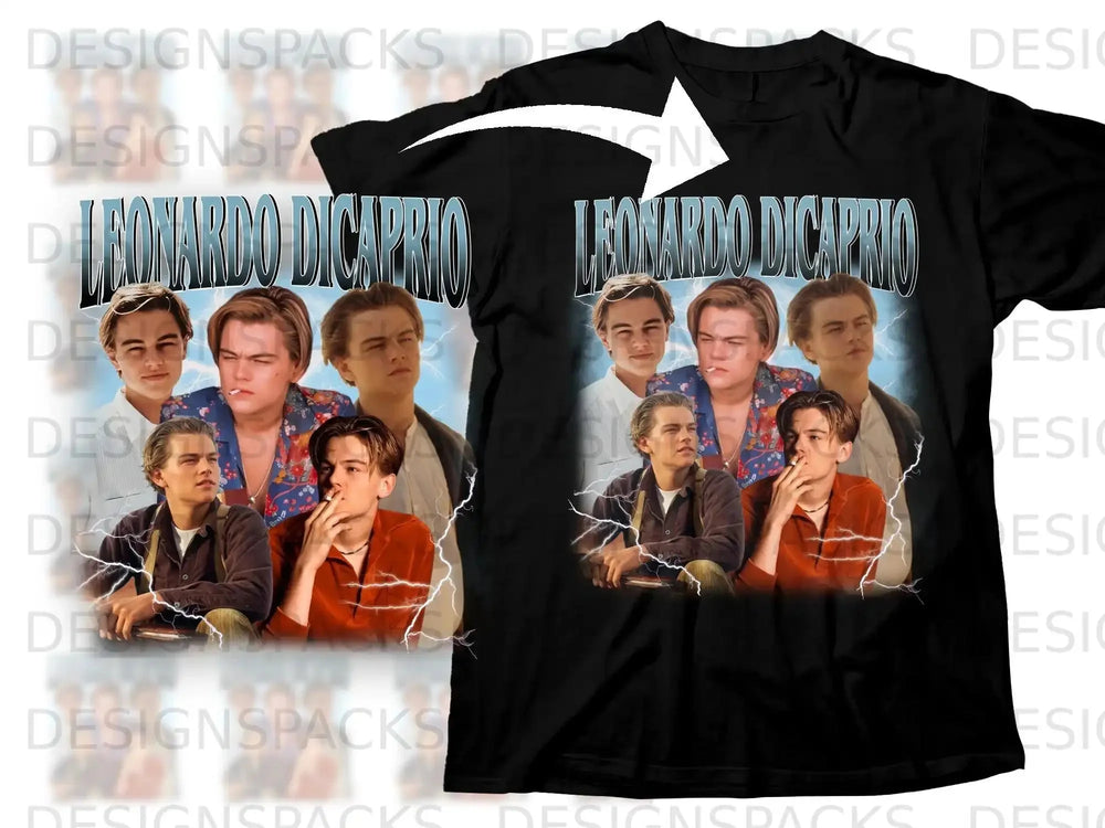 T-shirt with collage of Leonardo DiCaprio in various movie scenes.