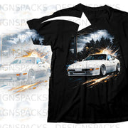 Black t-shirt with graphic of white Porsche 944 speeding with abstract streaks.