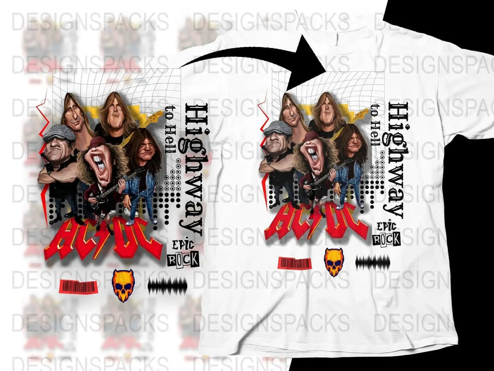 Iconic AC/DC Highway To Hell Epic Rock Legends Funny Caricature Style Png Design Digital Download