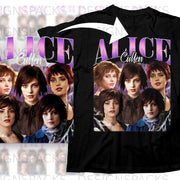 Black t-shirt with "ALICE CULLEN" graphic and four women.
