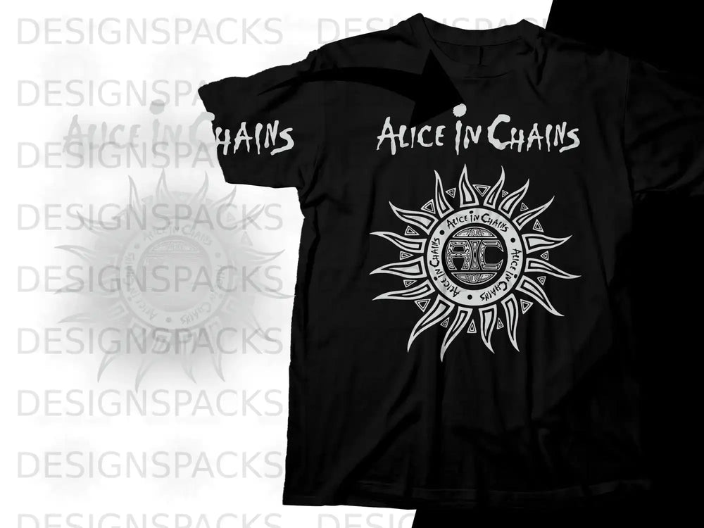 Black t-shirt with white Alice in Chains logo featuring a sun and chain design.