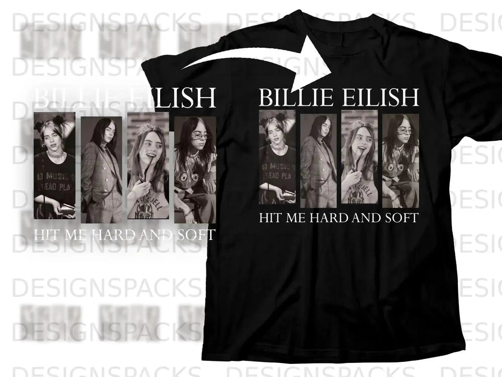 Billie Eilish "Hit Me Hard and Soft" album art t-shirt with four framed photos.