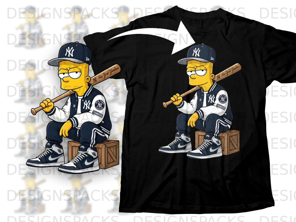 Bart Simpson wearing a New York Yankees cap and jacket, holding a baseball bat.