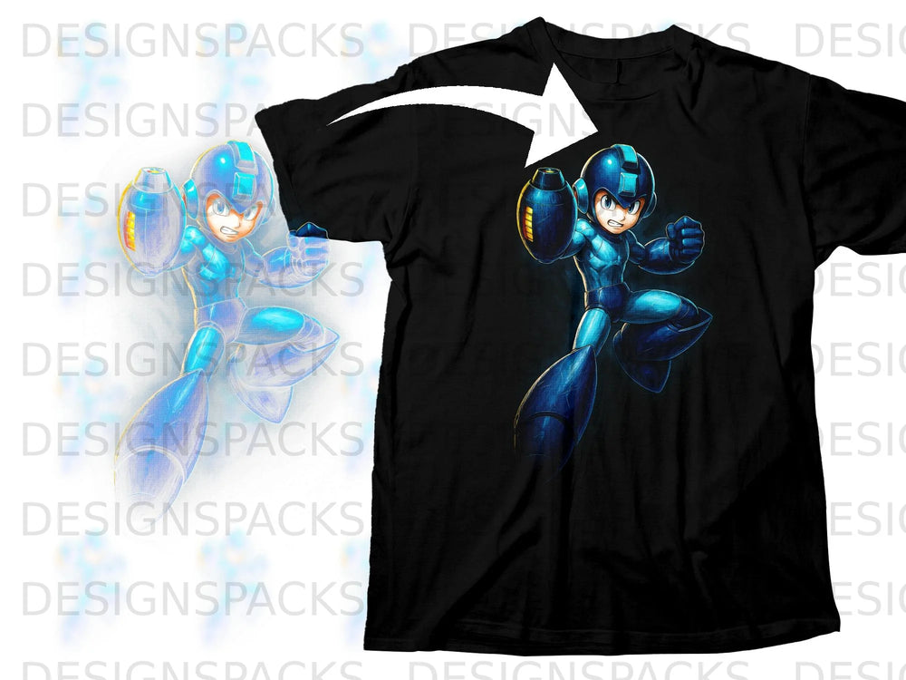 Black t-shirt featuring a full-body illustration of Mega Man.