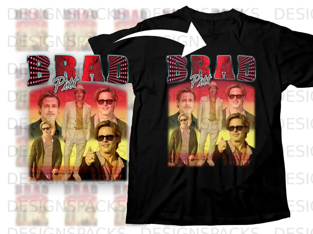 Brad Pitt collage on black t-shirt with "BRAD PITT" text.