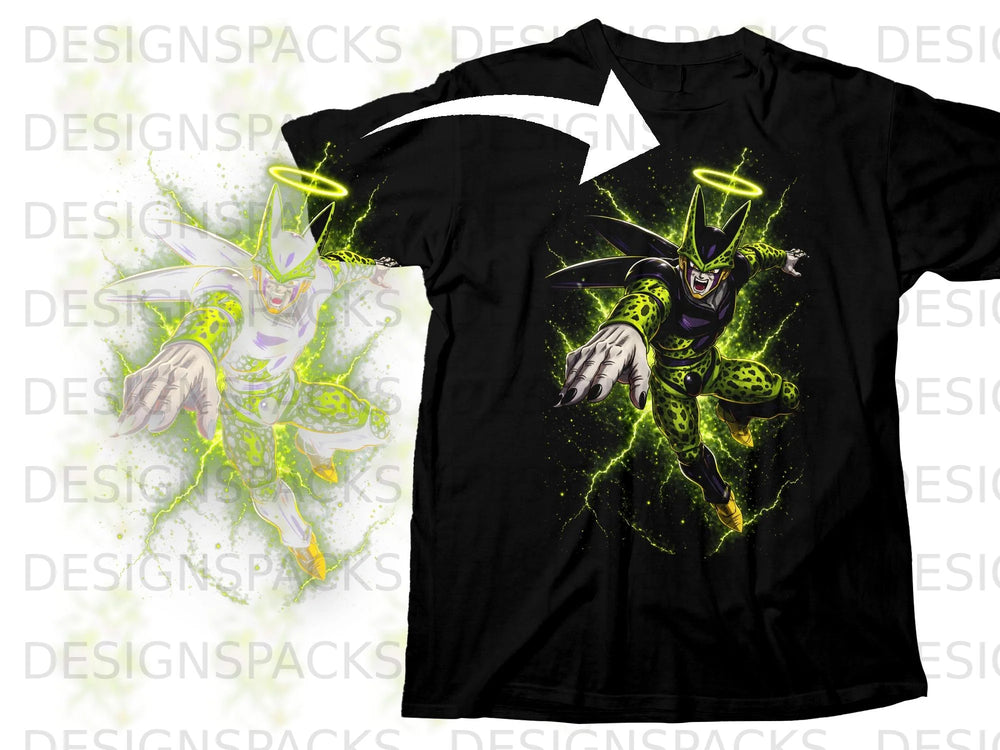 Black t-shirt featuring anime character Cell with green lightning and halo.