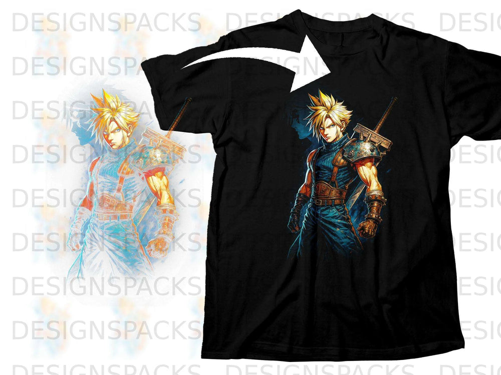 Black t-shirt with illustration of anime character Cloud Strife from Final Fantasy VII.