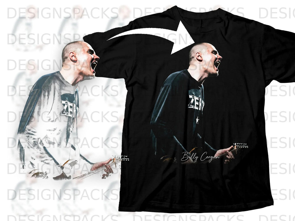 Black t-shirt with image of Billy Corgan playing guitar and screaming.