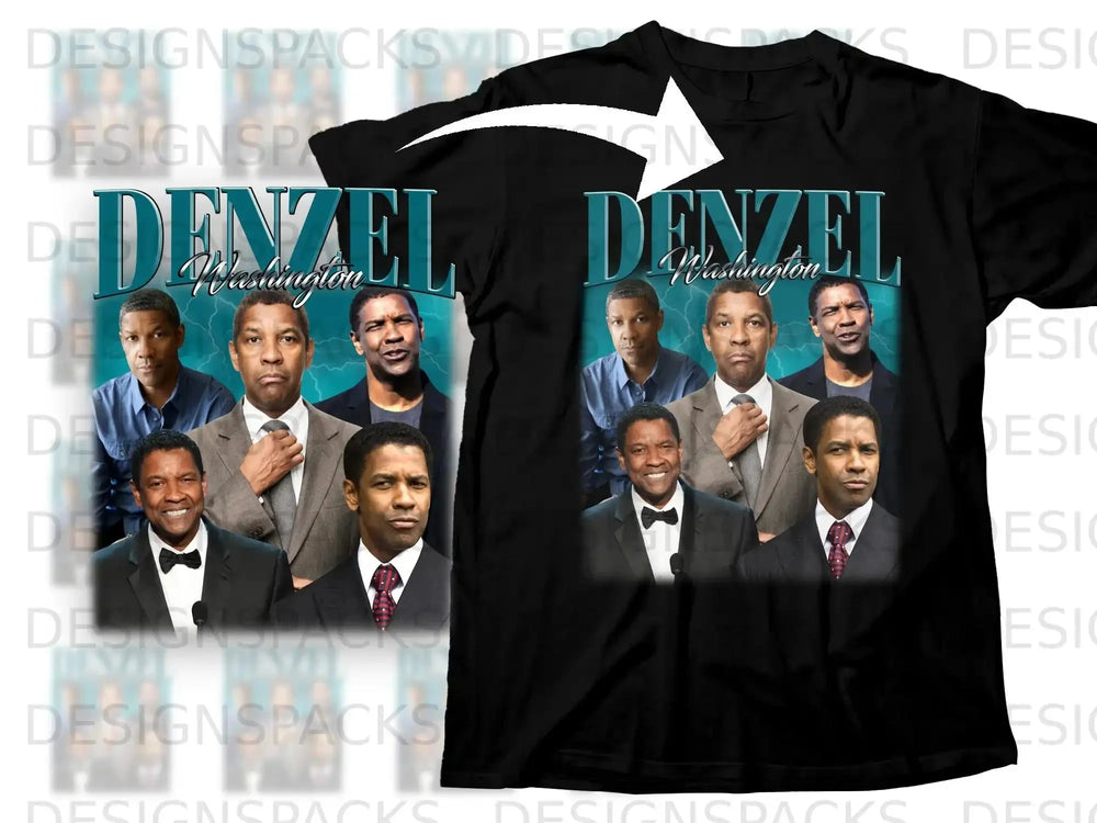 Black t-shirt with Denzel Washington's face collage.