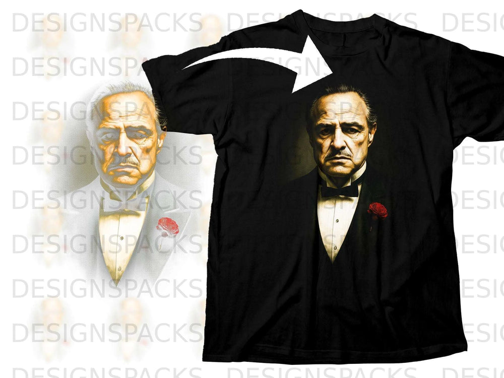 Black t-shirt featuring artwork of Vito Corleone with a red rose.