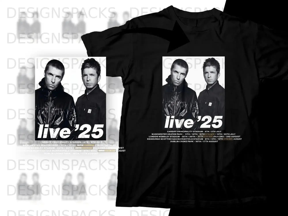 Black t-shirt with "live '25" and tour dates featuring Liam and Noel Gallagher.
