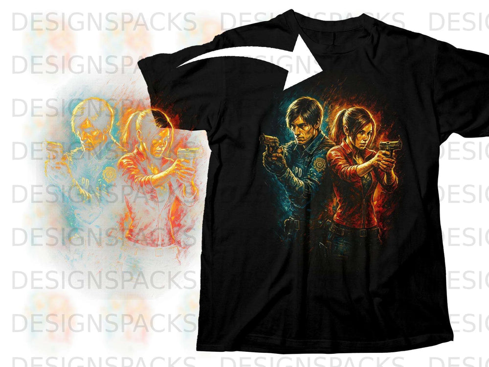 Black t-shirt with Leon and Claire holding guns in a graphic design.