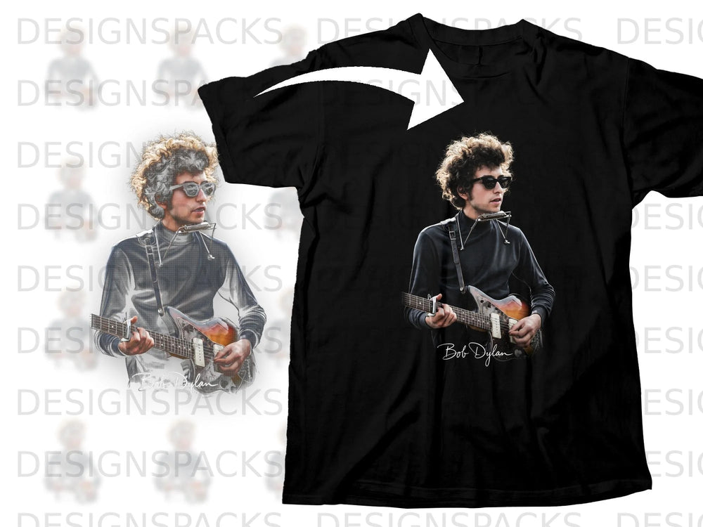Black t-shirt with Bob Dylan playing guitar and harmonica graphic.