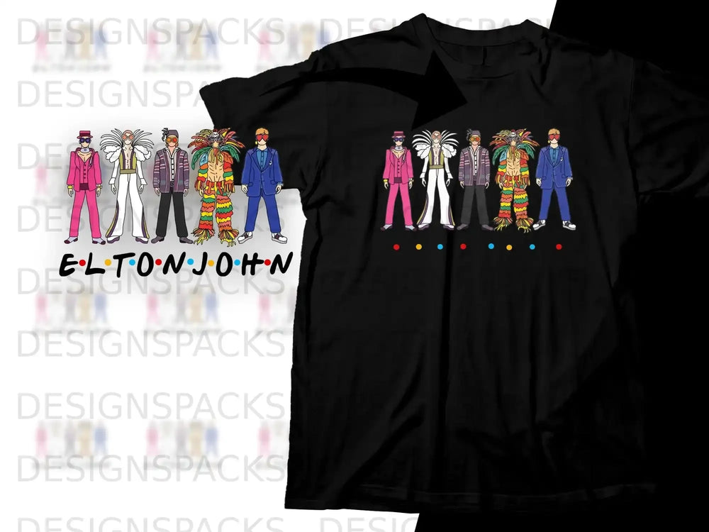 Elton John Friends parody graphic on a black t-shirt.