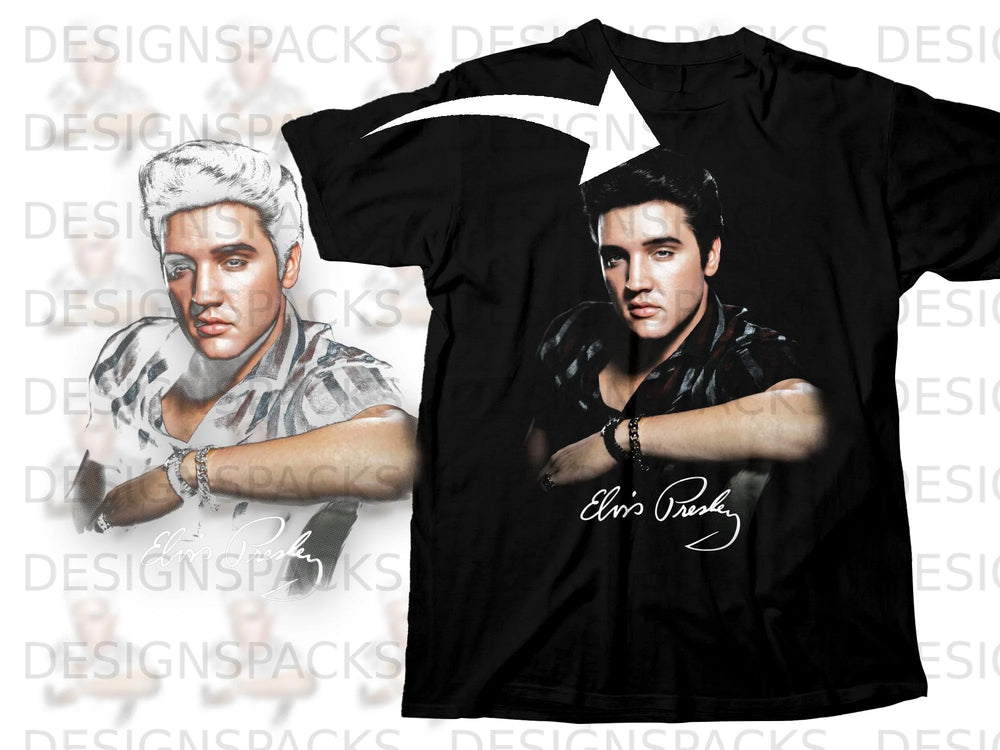 Black t-shirt with graphic of Elvis Presley and his signature.