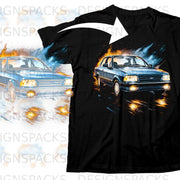 Black t-shirt with a blue Ford Escort XR3i graphic on fire.