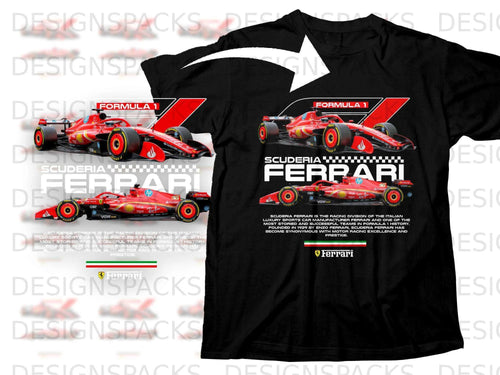 Ferrari Formula 1 car with team logos and descriptive text.
