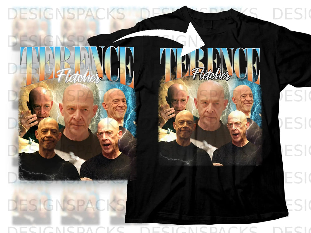 Terrence Fletcher collage on black t-shirt.