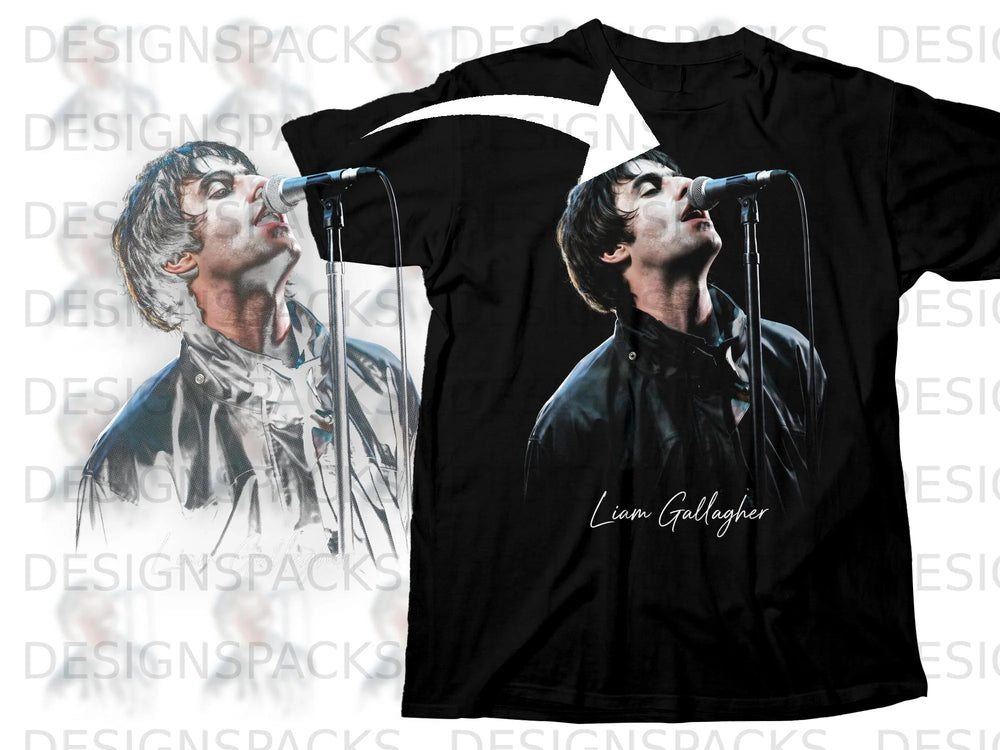 Black t-shirt with a graphic of Liam Gallagher singing into a microphone.
