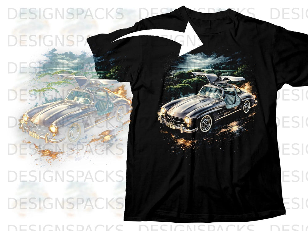 Black t-shirt with a graphic of a silver Mercedes-Benz 300 SL Gullwing.