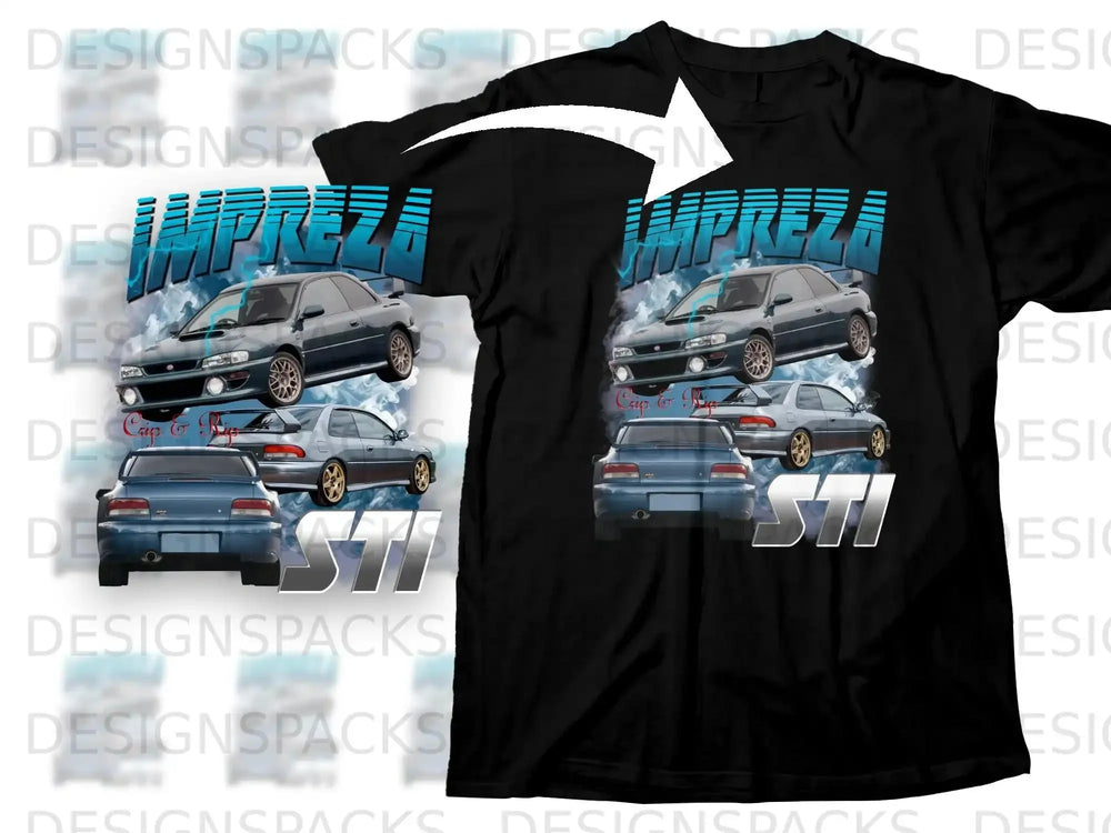 Black t-shirt featuring Subaru Impreza WRX STI graphic with car silhouettes.