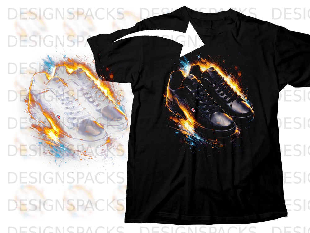 Black t-shirt with a graphic of black sneakers engulfed in flames.