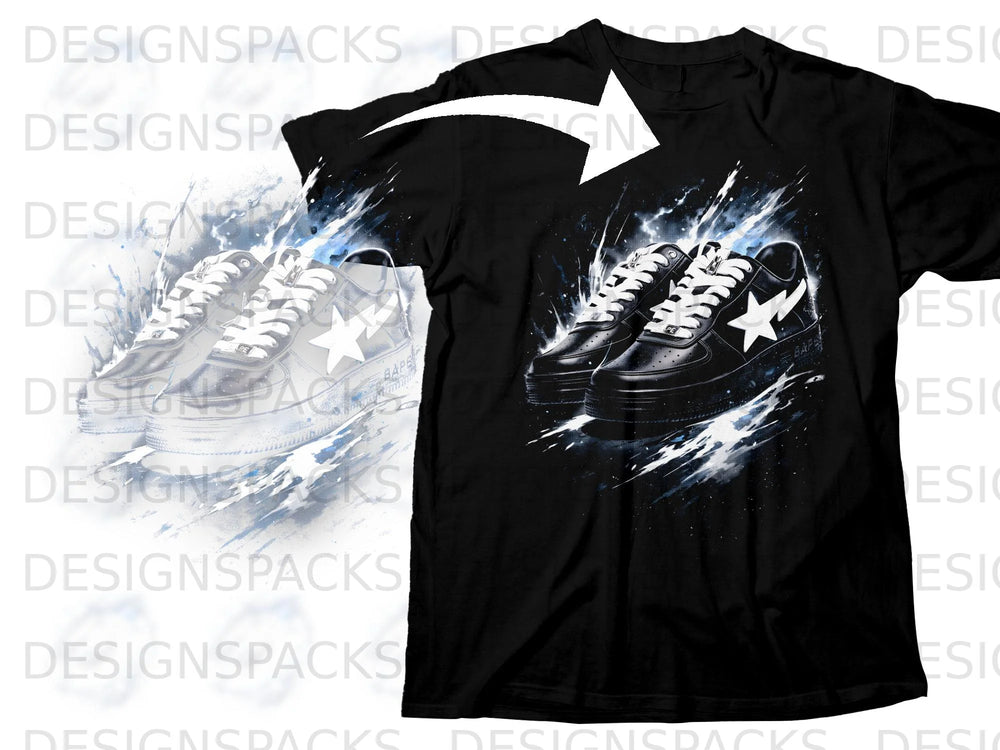 Black t-shirt featuring a graphic of black sneakers with white laces and a white star.