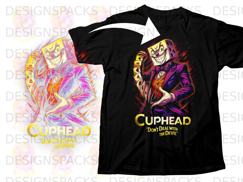 Black t-shirt with King Dice from Cuphead holding playing cards.