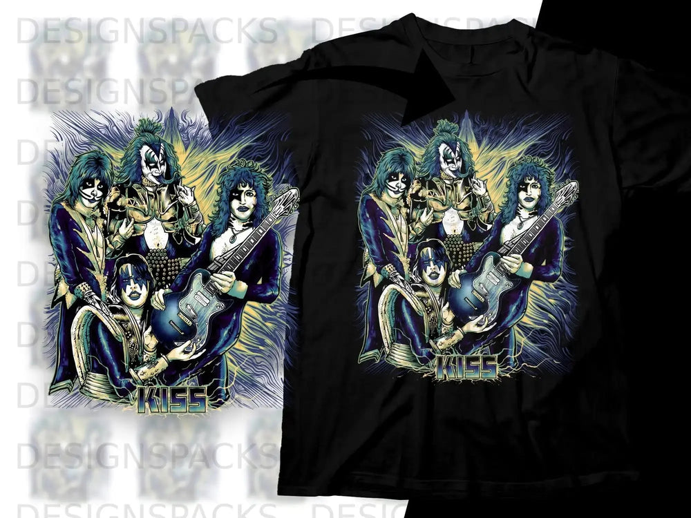 KISS band members in elaborate costumes, playing guitars, on a black t-shirt.