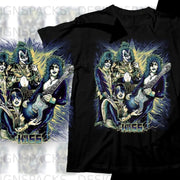 KISS band members in elaborate costumes, playing guitars, on a black t-shirt.