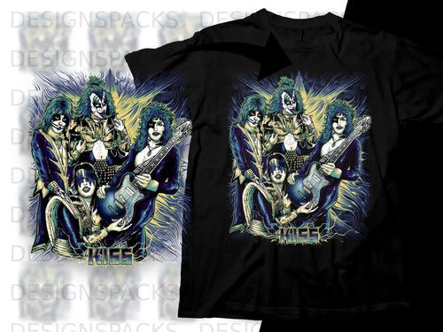 KISS band members in elaborate costumes, playing guitars, on a black t-shirt.