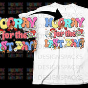 "Hooray for the last day" text with Toy Story characters and school supplies.