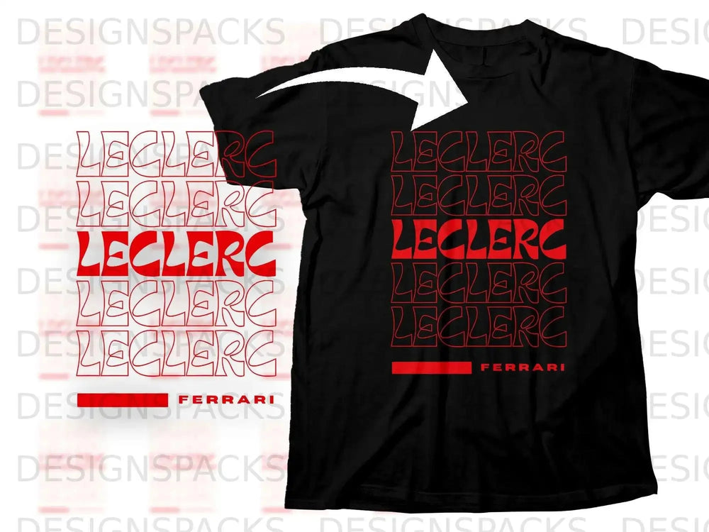 Black t-shirt with red "LECLERC LECLERC LECLERC FERRARI" text.
