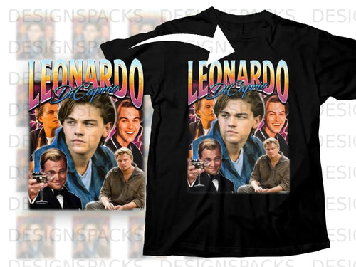 Black t-shirt with a collage of Leonardo DiCaprio images and text.