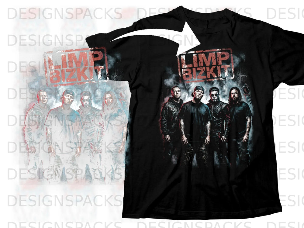 Black t-shirt with Limp Bizkit band members and logo graphic.
