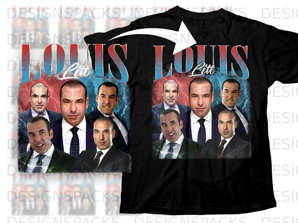 Black t-shirt with "LOUIS LITT" text and montage of men in suits.