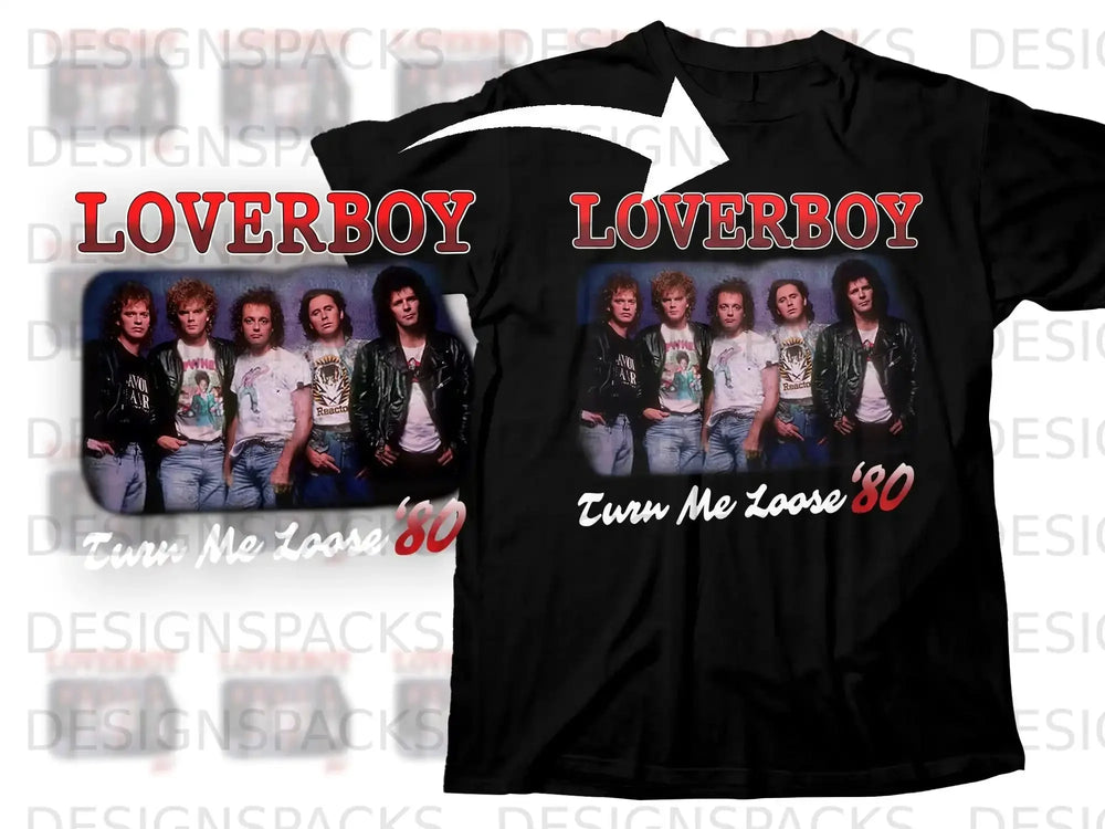 Black t-shirt with Loverboy "Turn Me Loose '80" graphic and band members.