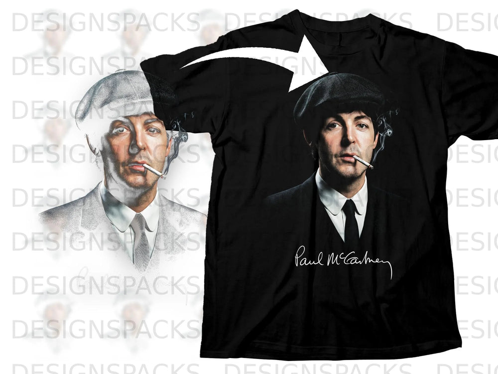 Black t-shirt with a portrait of Paul McCartney wearing a cap and smoking.