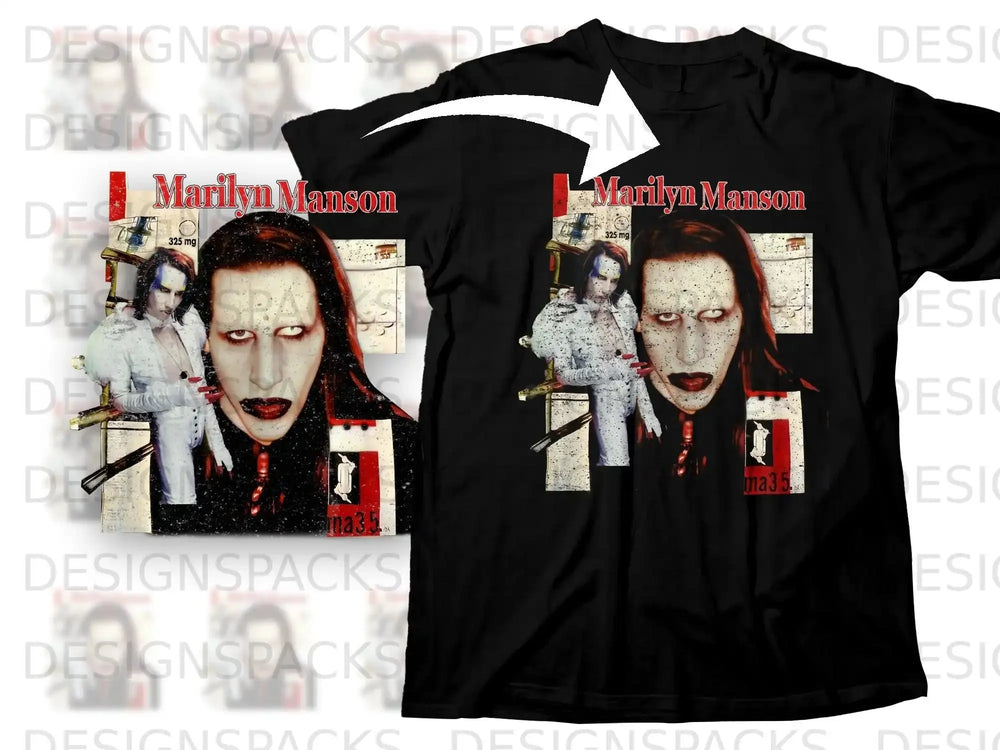 Marilyn Manson shirt featuring his iconic face with red makeup and "325 mg" text.