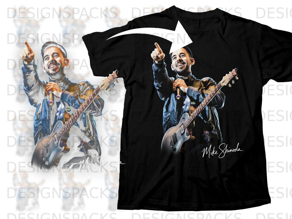 Black t-shirt with Mike Shinoda graphic, guitar, and microphone.